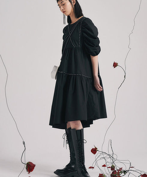 Studded Puff Sleeve Flare Dress